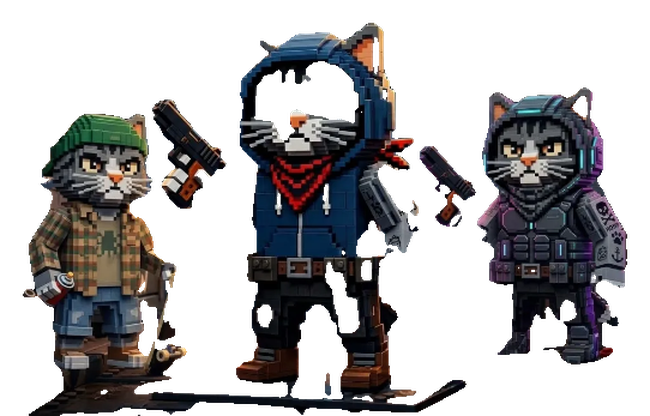 The three Hoodcats, green-beanie, blue-hooded and purple-headset street cats