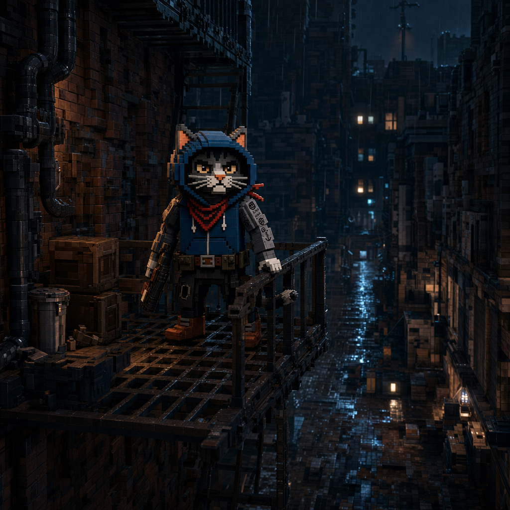 Blue Hood, the hooded cat, standing watch on a fire escape over a rainy alley
